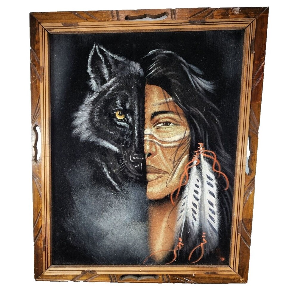 Native & Wolf Black Velvet Painting 1970s Ortiz, Orig Carved Wood Frame -Groovy!